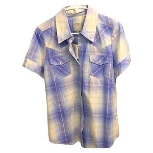 Roper Metallic Plaid Blue Yellow White Shine Button Down Shirt Top Size Medium